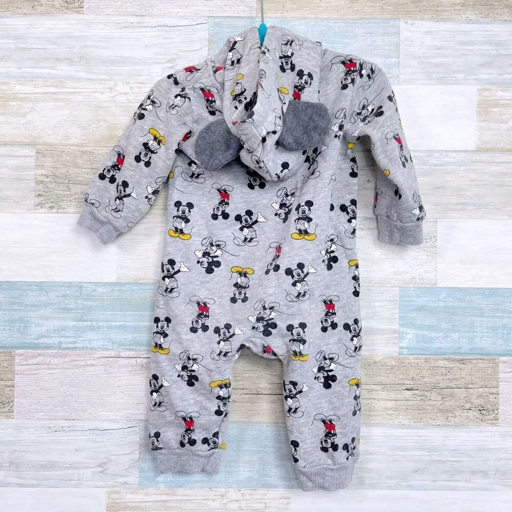 Disney Baby Hooded Ears Sweater Jumpsuit Gray Mickey Allover Print Zip Up 12M